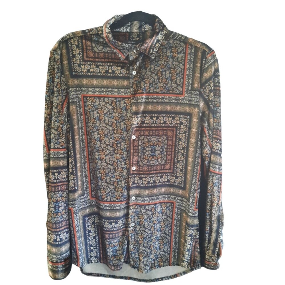 VTG Zara Floral Velvet Stretch Button up Shirt Regular Fit